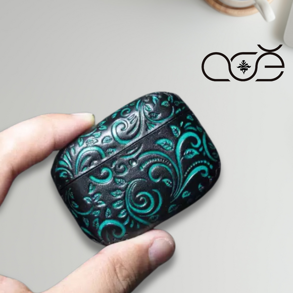 Handmade Vintage Cowhide Leather Earphone Case for AirPods Pro 3/ Pro 2/ Pro/ AirPods 3/ 4, Leather AirPods Case with Embossed Floral Pattern