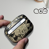 Handmade Vintage Cowhide Leather Earphone Case for AirPods Pro 3/ Pro 2/ Pro/ AirPods 3/ 4, Leather AirPods Case with Cat Pattern Embossing