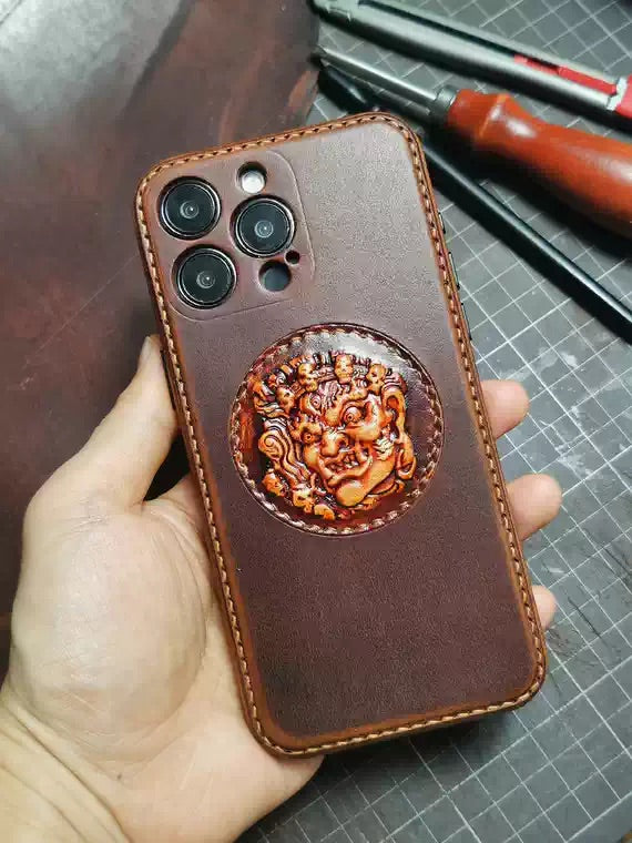 Handmade Premium Full Grain Leather iPhone Case for iPhone 17/ iPhone 16/ iPhone 15/ iPhone 14/ iPhone 13, Buddha Statue Leather iPhone Case