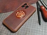 Handmade Premium Full Grain Leather iPhone Case for iPhone 17/ iPhone 16/ iPhone 15/ iPhone 14/ iPhone 13, Buddha Statue Leather iPhone Case
