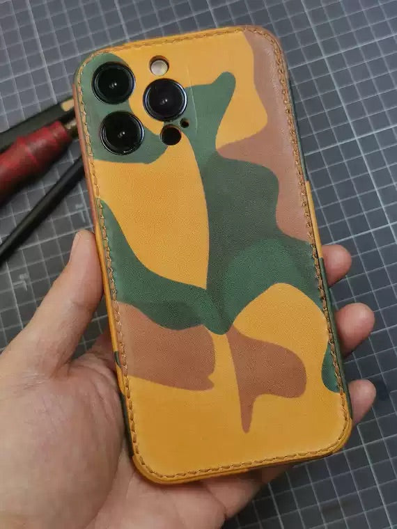 Handmade Camouflage Full Grain Leather iPhone Case for iPhone 17/ iPhone 16/ iPhone 15/ iPhone 14/ 13, Custom Engraved Leather iPhone Case