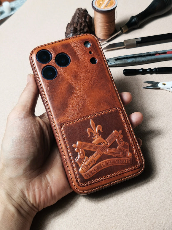 Handmade Premium Genuine Leather iPhone Case for iPhone 17/ iPhone 16/ iPhone 15 Pro/ 14 Pro/ 13 Pro, Custom 3D Embossed Leather iPhone Case