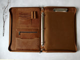 Custom Distressed Vintage Leather 3 Ring Binder with Clipboard