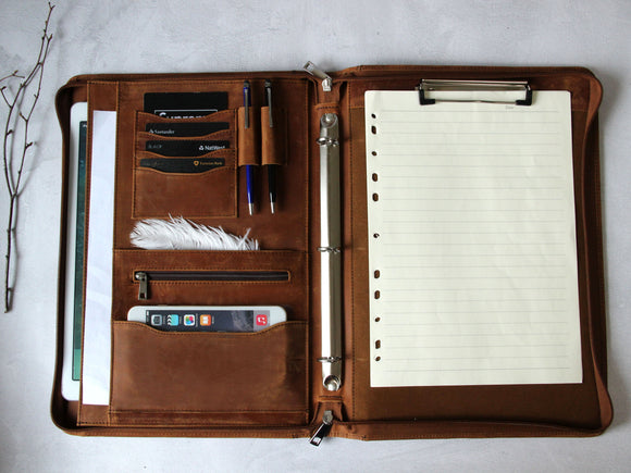 Custom Distressed Vintage Leather 3 Ring Binder with Clipboard