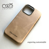 Brown leather phone case with 'Now or Never' engraving on a light background, featuring the COE Leather brand.