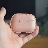 Handmade Premium Cowhide Leather Pink Earphone Case for AirPods Pro/ Pro 2/ AirPods 3/ AirPods 4, Leather AirPods Case One-piece with Buckle