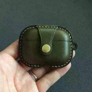 Handmade Premium Cowhide Leather Earphone Case for AirPods Pro/ Pro 2/ AirPods 3/ 4, Olive Green Leather AirPods Case One-piece with Buckle
