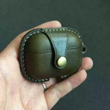 Handmade Premium Cowhide Leather Earphone Case for AirPods Pro/ Pro 2/ AirPods 3/ 4, Olive Green Leather AirPods Case One-piece with Buckle