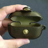 Handmade Premium Cowhide Leather Earphone Case for AirPods Pro/ Pro 2/ AirPods 3/ 4, Olive Green Leather AirPods Case One-piece with Buckle