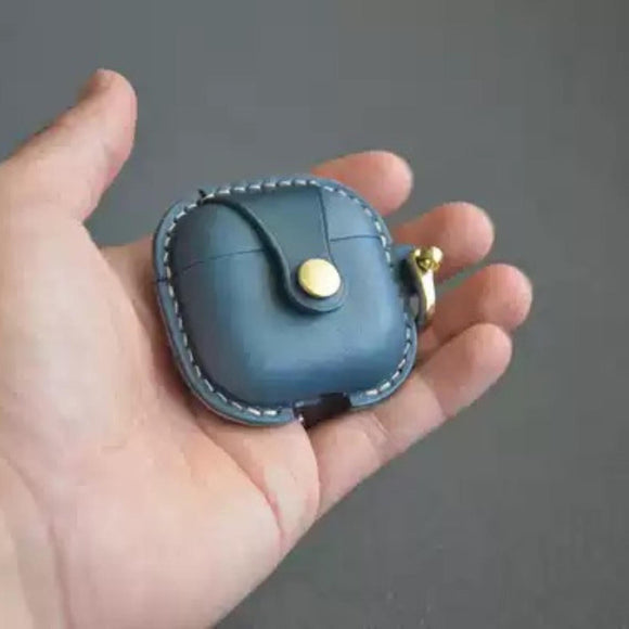 Handmade Premium Blue Cowhide Leather Earphone Case for AirPods Pro/ Pro 2/ AirPods 3/ 4, Leather AirPods Case One-piece with Buckle