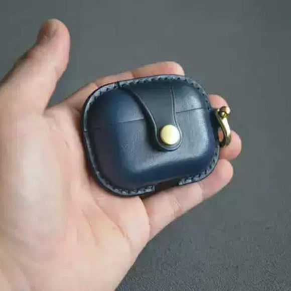 Handmade Premium Navy Blue Cowhide Leather Earphone Case for AirPods Pro/ Pro 2/ AirPods 3/ 4, Leather AirPods Case One-piece with Buckle