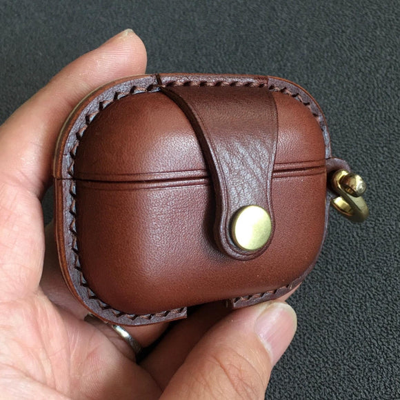 Handmade Premium Cowhide Leather Earphone Case for AirPods Pro/ Pro 2/ AirPods 3/ AirPods 4, Leather AirPods Case One-piece with Buckle