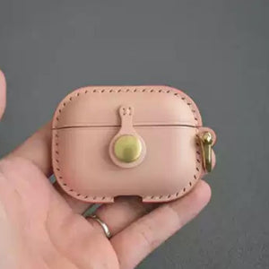 Handmade Premium Cowhide Leather Pink Earphone Case for AirPods Pro/ Pro 2/ AirPods 3/ AirPods 4, Leather AirPods Case One-piece with Buckle