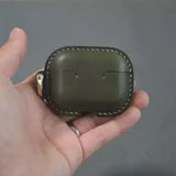 Handmade Premium Army Green Cowhide Leather Earphone Case for AirPods Pro/ Pro 2/ AirPods 3/ 4, Leather AirPods Case One-piece with Buckle