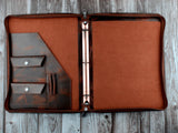 Vintage 3-Ring Binder Leather Padfolio, Letter Size Zippered Business Organiser, Notepad Holder