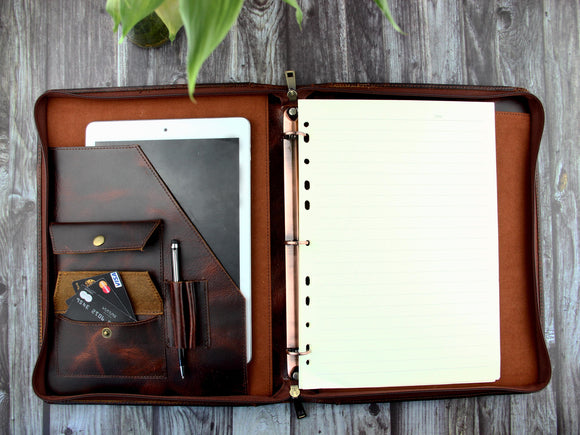 Zipper pocket binder / A5 / Three ring leather binder / 3 ring planner  notebook/ 5.5 x 8.5 notebook binder