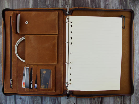 4-Ring Binder Vintage Leather Padfolio with Zipper, A4 Notepad Organizer