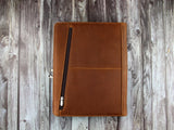 Vintage Monogrammed Zippered Leather Portfolio,A4 Size Document Holder, Tablet Case