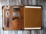 Vintage Monogrammed Zippered Leather Portfolio,A4 Size Document Holder, Tablet Case