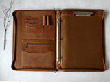 Distressed Vintage Leather 3 Ring Binder with Clipboard