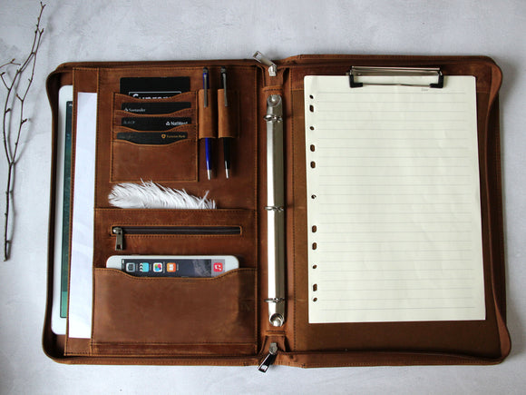 Distressed Vintage Leather 3 Ring Binder with Clipboard