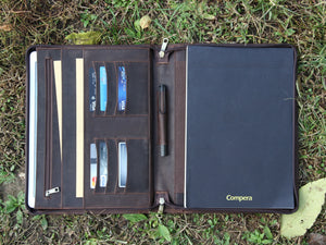 Handmade Retro-look Leather Portfolio with Notepad Holder, A4 Zipper Padfolio for 12.9 inch iPad Pro (Dark Brown)