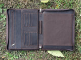 Handmade Retro-look Leather Portfolio with Notepad Holder, A4 Zipper Padfolio for 12.9 inch iPad Pro (Dark Brown)